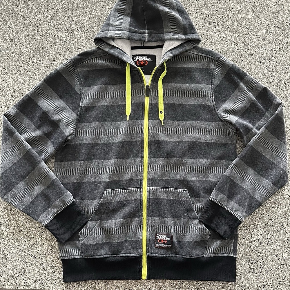 No Fear Full Zip Hoodie Mens Size L Grey Striped Neon Skater Retro Punk Y2K